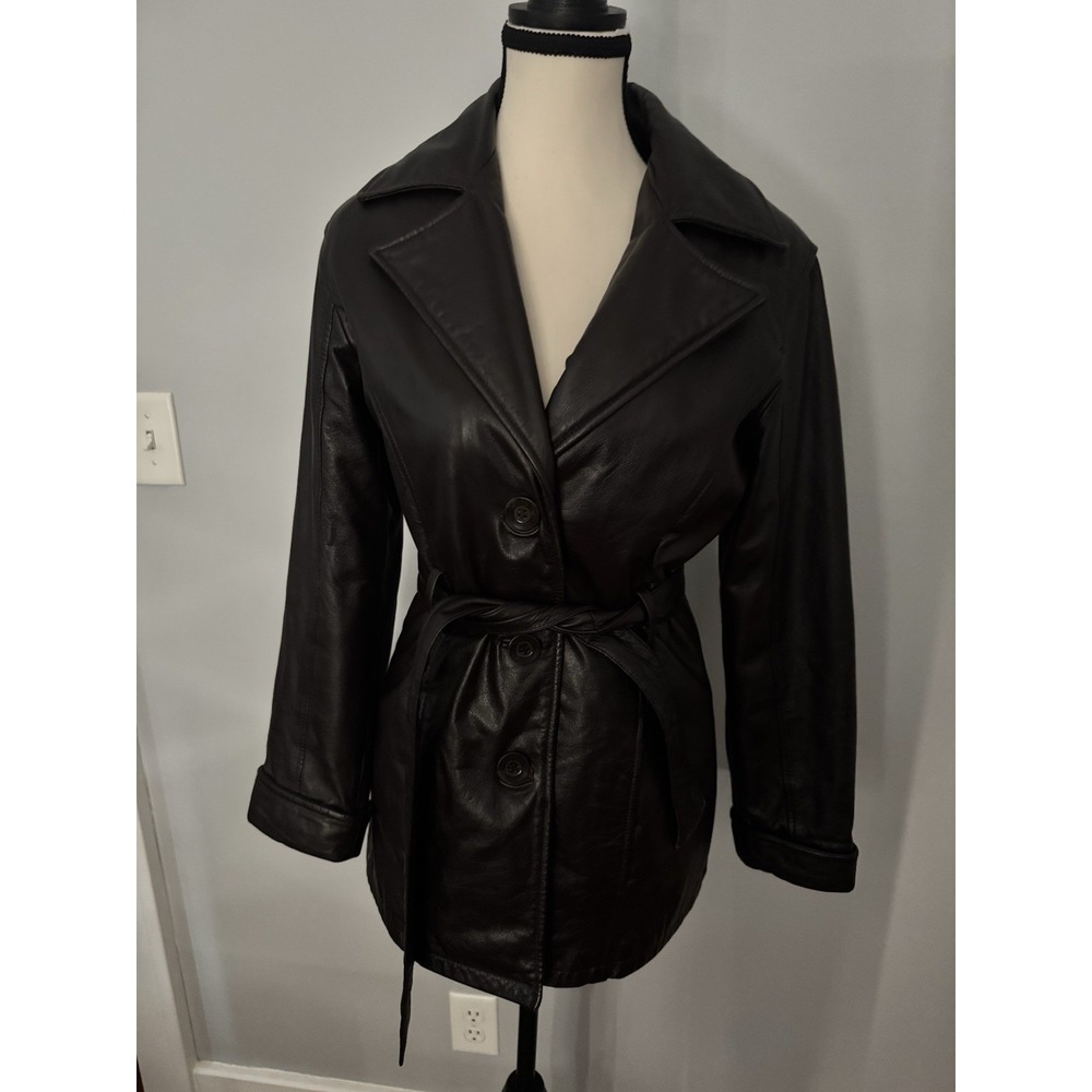 Wilsons Leather Womens XS Dark Brown Leather Belted Trench Coat Thinsulate